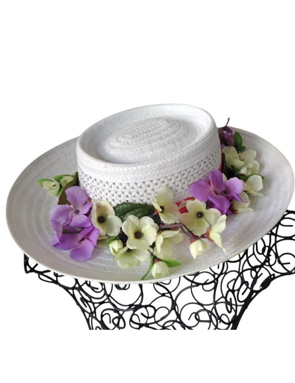 Vtg Lilac Purple Green Floral White Straw Sun Hat GTH Golf & Tennis Headware Co.